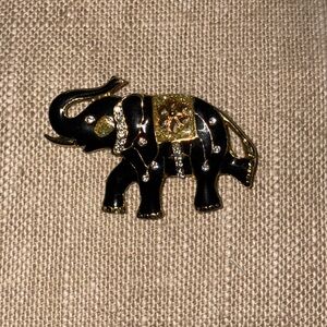 Black Enamel Elephant Brooch with Rhinestones  Excellent Condition